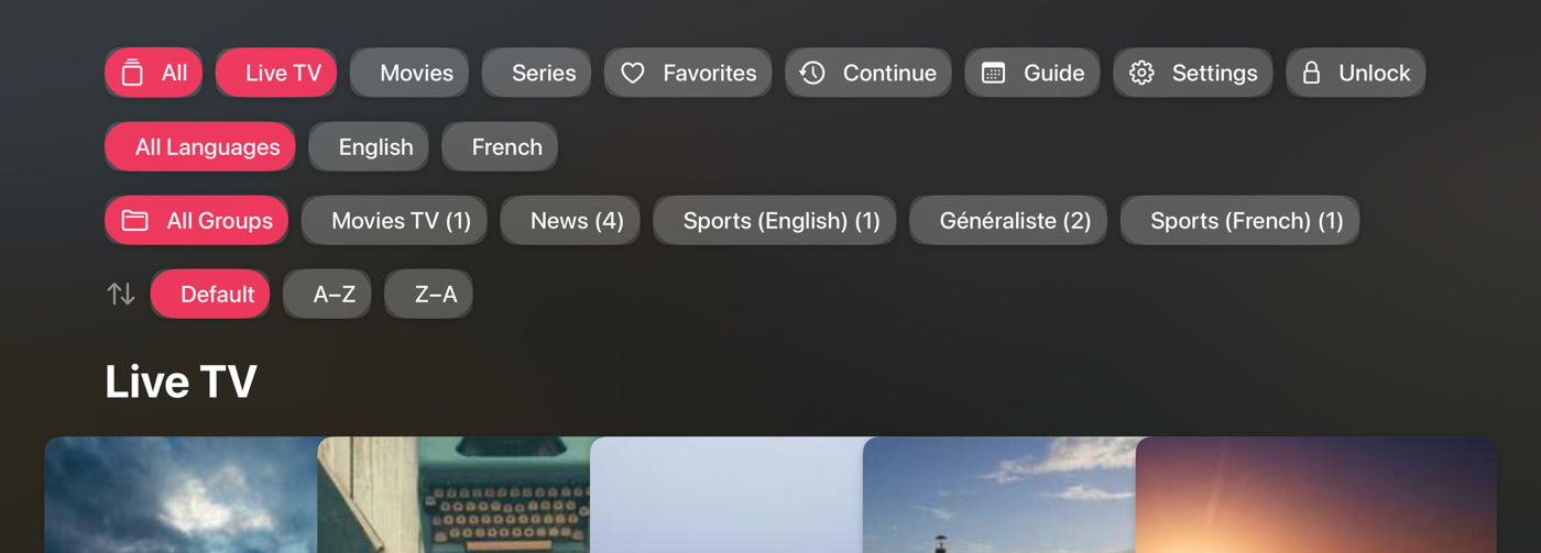 Zapline on Apple TV: a focus-driven channel browser with filter chips and poster cards